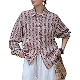 MOYUYUNJIAN Women's Floral Printed Button Down Blouse Linen Long Sleeve Top Loose Fit Casual Blouse Wear