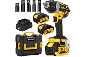 JEXUGK 800N.m Cordless Impact Wrench, 600Ft-lbs 1/2 inch Electric Impact Gun, High Torque Brushless Impact Wrench w/ 2x 4.0Ah Battery, Fast Charger & 5 Sockets for Car Lawn Mower