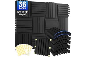 Focusound 36 Pack Curved Acoustic Foam Panels 3" x 12" x 12" Sound Proof Foam Panels Soundproofing Noise Cancelling Wedge Panels for Home Office Recoding Studio with 240 PCS Double-Side Adhesive