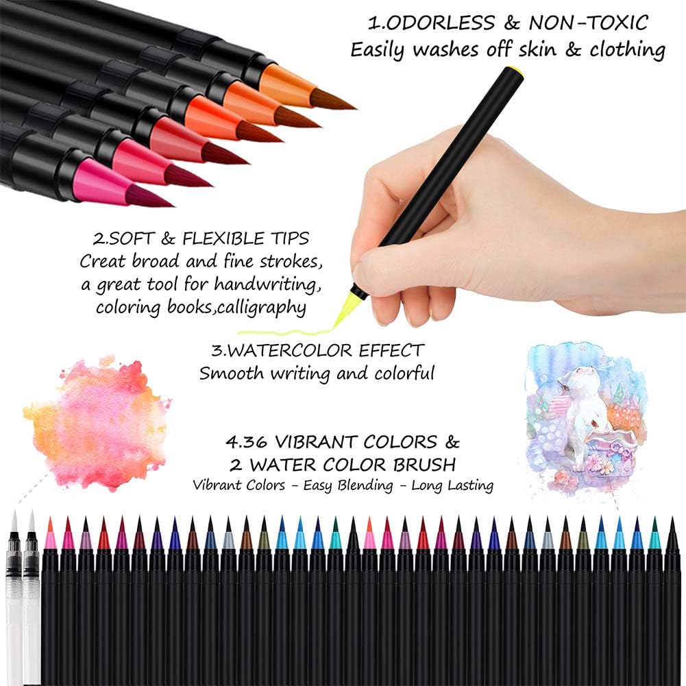 Watercolor Brush Pens, Emooqi 36 Colors for Real Brush Pens, Includes 2 Blending Brushes & 8 Watercolor Paper, for Artists and Beginner Painters to Colouring Books, Calligraphy, Drawing : Office Products