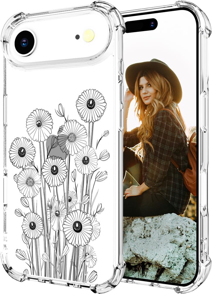 Hungo Compatible for iPhone 17 Air Case, Thin Slim Cute Girly Skin Cases Protector with Airbag Bumper for Women Girls (Clear Black Floral Wild)