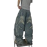 DFGIGT Men's Baggy Jeans Patchwork Embroidery Jeans Fringe Frayed Edges Wide Leg Denim Pants