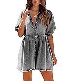 Pepochic Womens Summer Denim Dress Button Down Short Sleeve Babydoll Dress Puff Sleeve Flowy Jean Dress