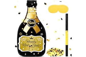 Capoda Happy New Year Champagne Piñata Set 16 x 8.3 x 3 Inches Champagne Bottle Black and Gold Piñata with Tassel Stick Blindfold Confetti for 2026 New Years Eve Party Games Supplies Decorations