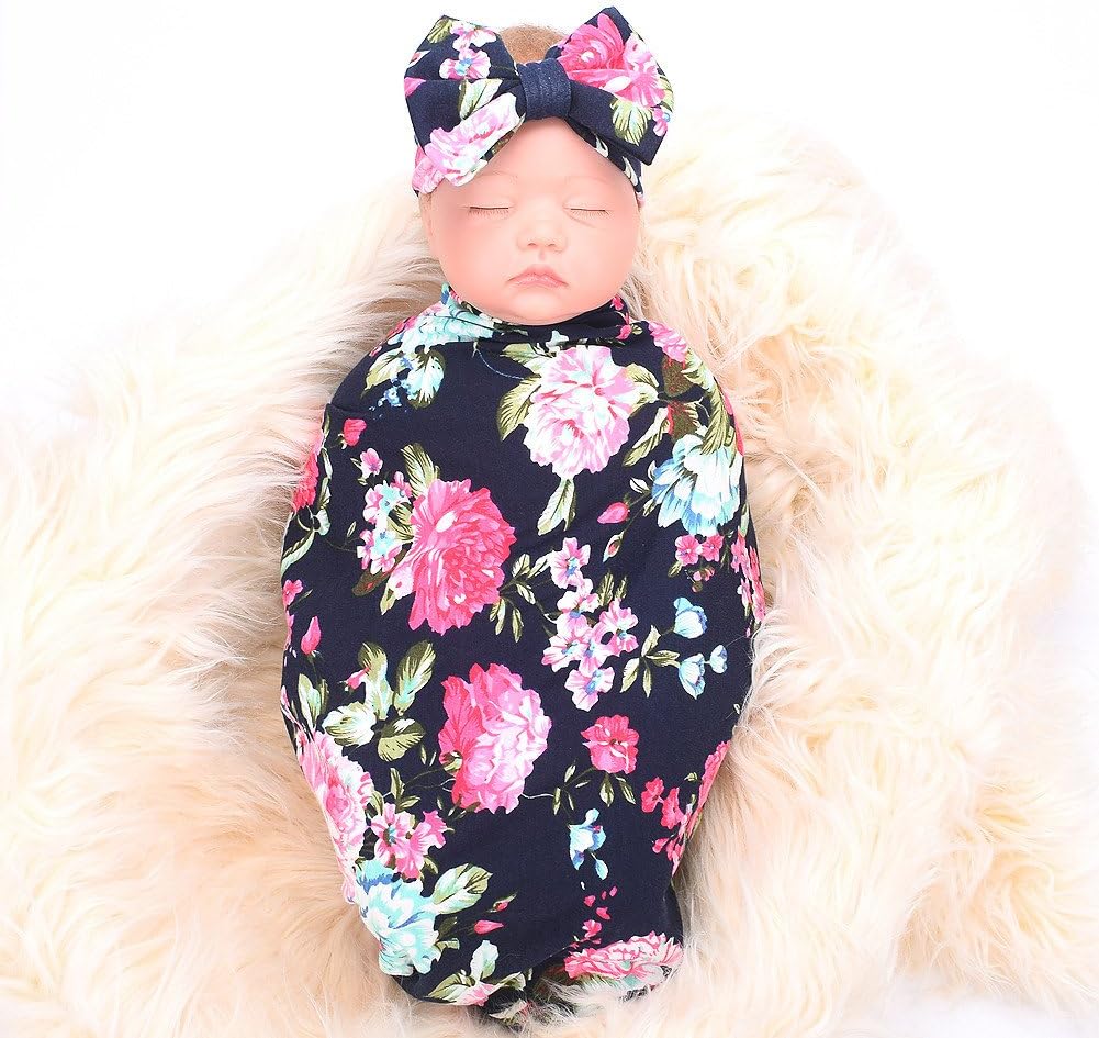 Newborn Receiving Blanket Headband Set Flower Print Baby Swaddle Receiving Blankets Galabloomer Navy Blue Rose: Home & Kitchen