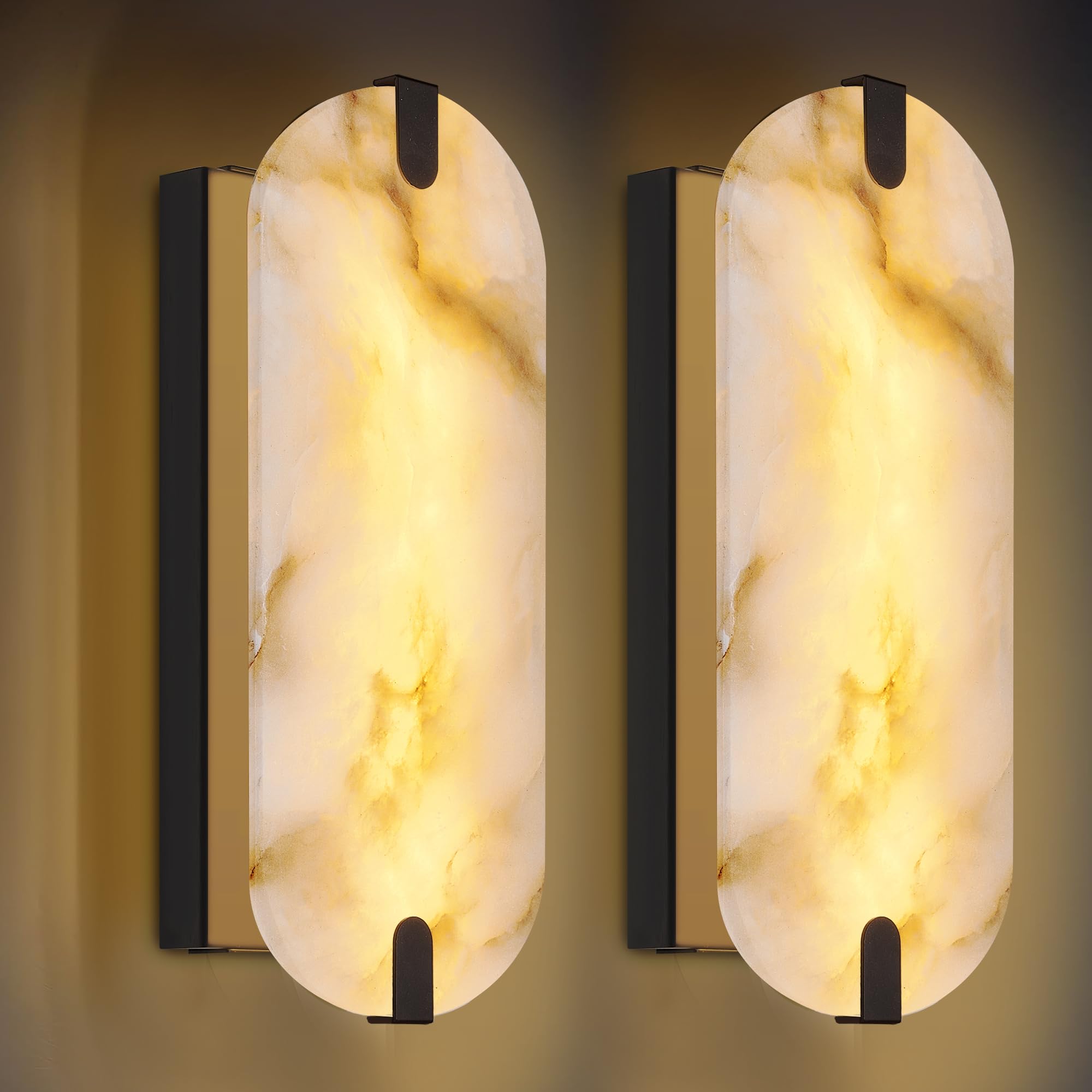 Photo 1 of DLUCE 14.17in Alabaster Wall Sconces, Natural Marble Wall Light Set of Two, Modern LED Alabaster Sconces for Living Room Indoor Wall Lamps for Dining Room Stairs Bedroom,Black