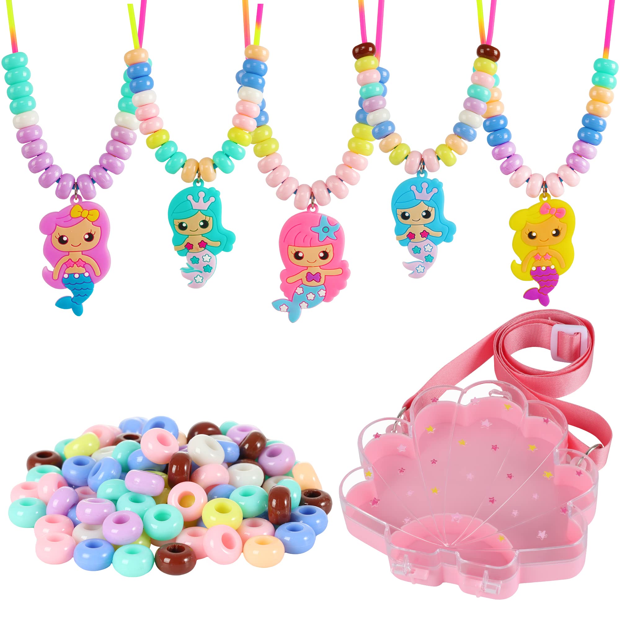Photo 1 of FLYINGSEEDS Mermaid Necklace Making Kit for Little Girls, Beads Jewelry Toys with Shoulder Box, Beaded Arts and Crafts Best Gifts for Toddlers Kids Age 3-5 4-6 7 8 9 10