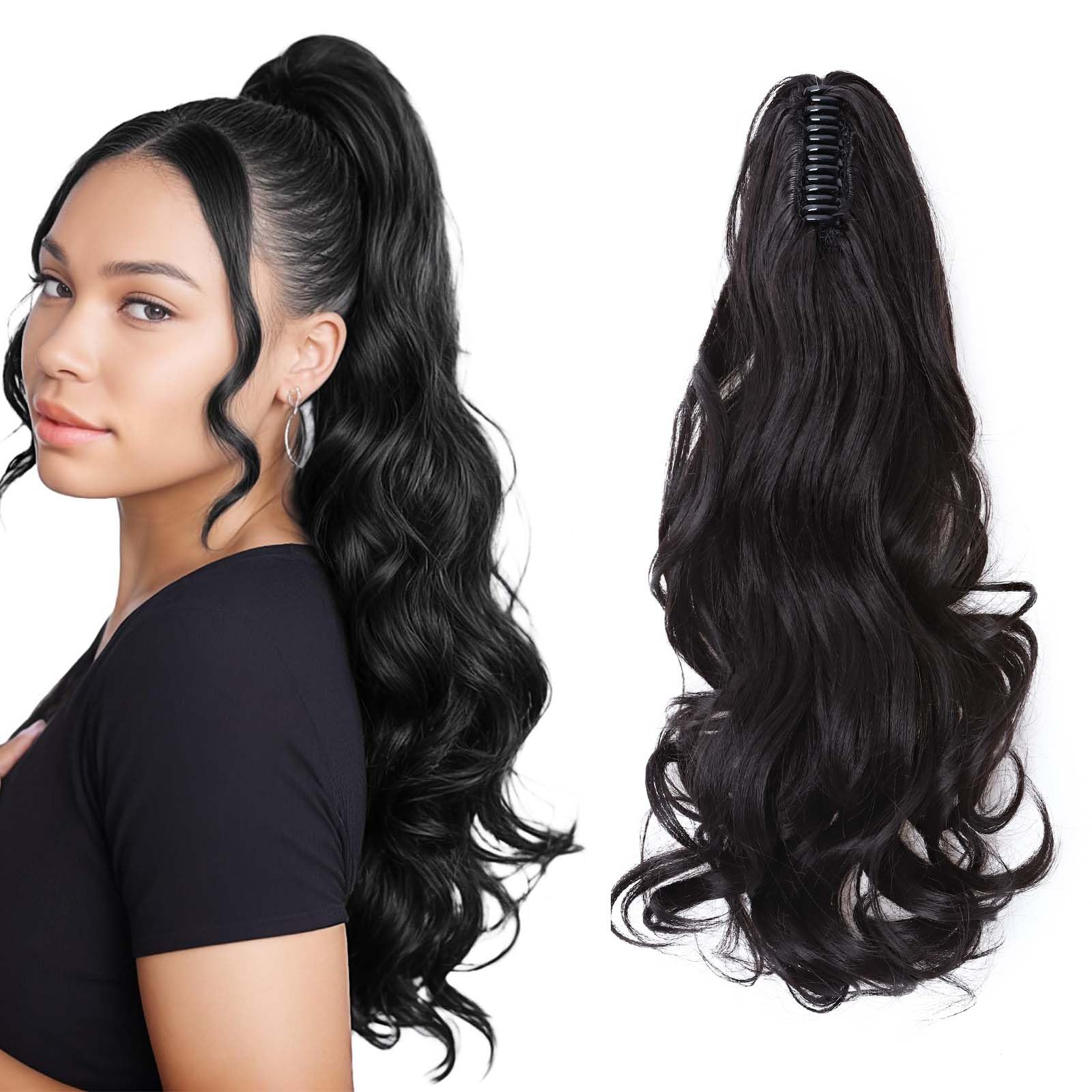 Fashion Ponytail Hair Extension Claw Curly Wavy Straight Clip in ponytail Hairpiece One Piece fake hair Ponytails for Women 18” Curly Natural Black — image 1