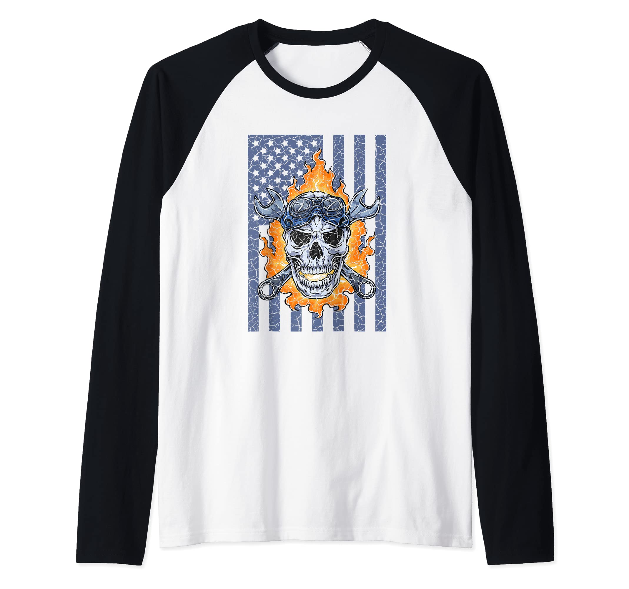 Mechanic Handyman Fire Skull American Flag Tools Wrench Raglan Baseball Tee