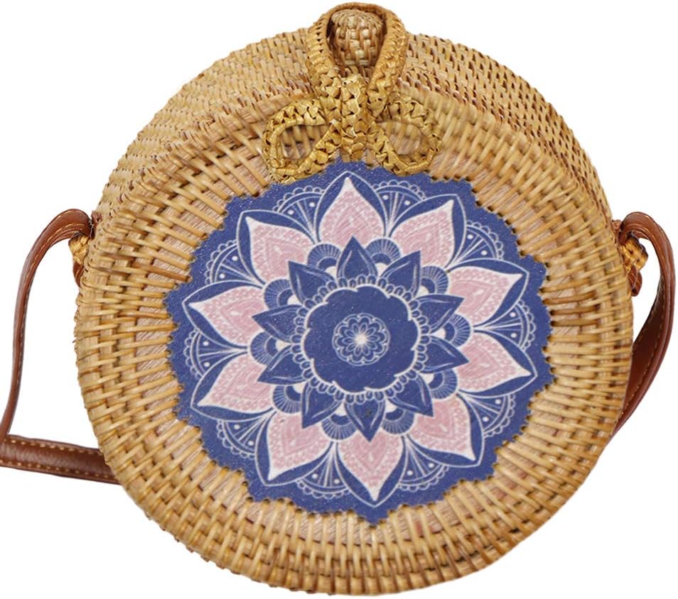 Printing Round Rattan Crossbody Bag,Straw Boho Bag for Women Purse Handmade Clutch Woven Shoulder Bag