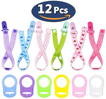 12PCS Schnullerband Baby mit Silikonring für Schnuller, Schnullerketten clip für Lätzchen Dreieckstuch Sauger Schnuller für B