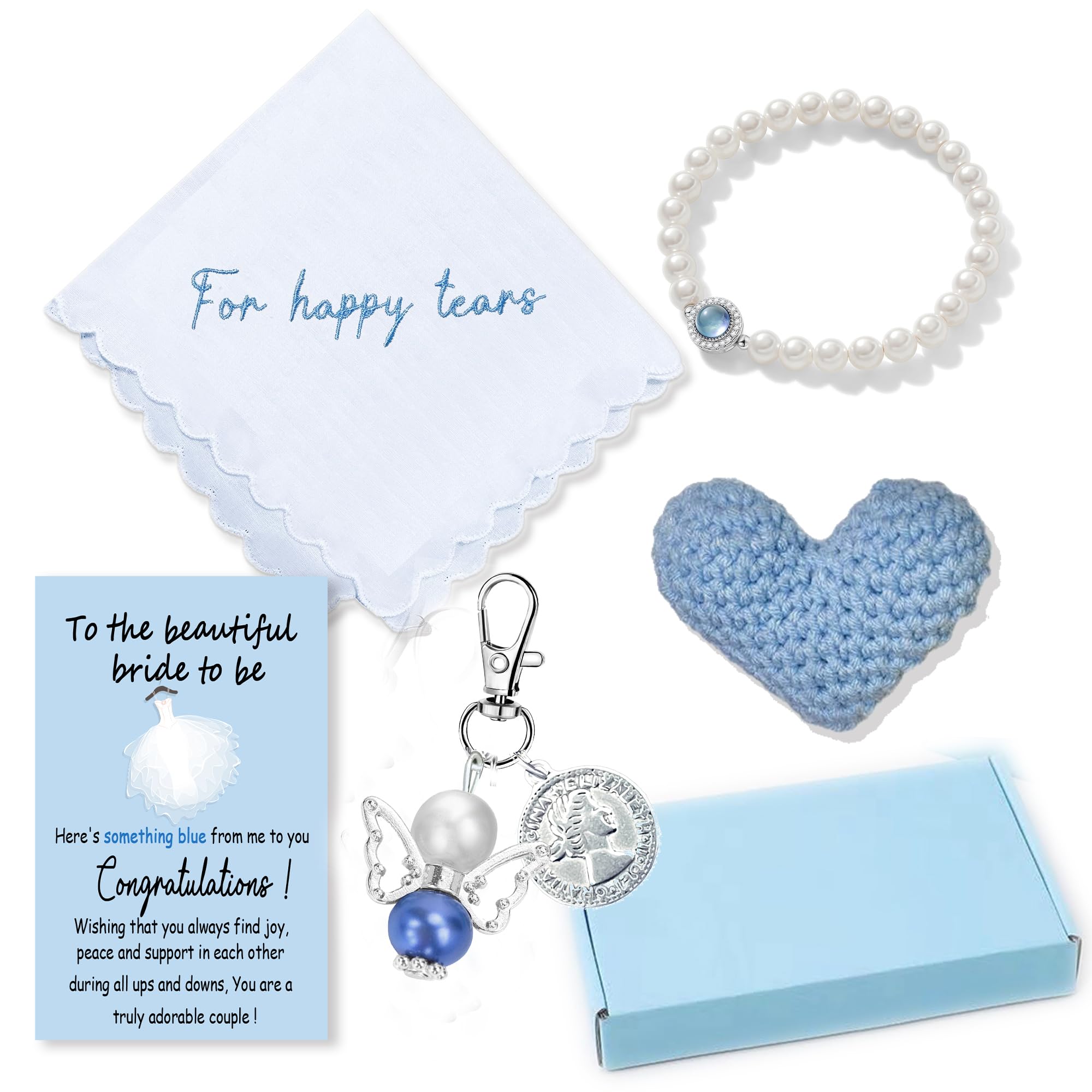 Set of 6 Something Blue Wedding Gift for Bride Embroidered Handkerchief Angel Bouquet Charm Wedding Jewelry Bracelet Crocheted Heart Sweet Card Gift Box, Wedding Gift to Daughter My Best Friend Bride