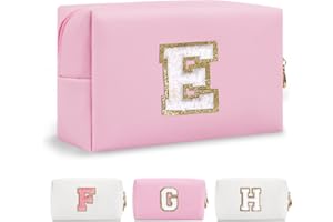CHAOGREAT Personalized Initial A-Z Preppy Patch Makeup Bag,Small PU Chenille Letter Cosmetic Bag with Zipper,Waterproof Cute Toiletry Organizer Bag,Monogram Makeup Case Gift for Women Girls,Letter E