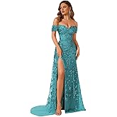 VKBRIDAL Tulle Laces Prom Dress Off Shoulder Mermaid Evening Gown with Train High Slit Long Formal Wedding Guests Dresses