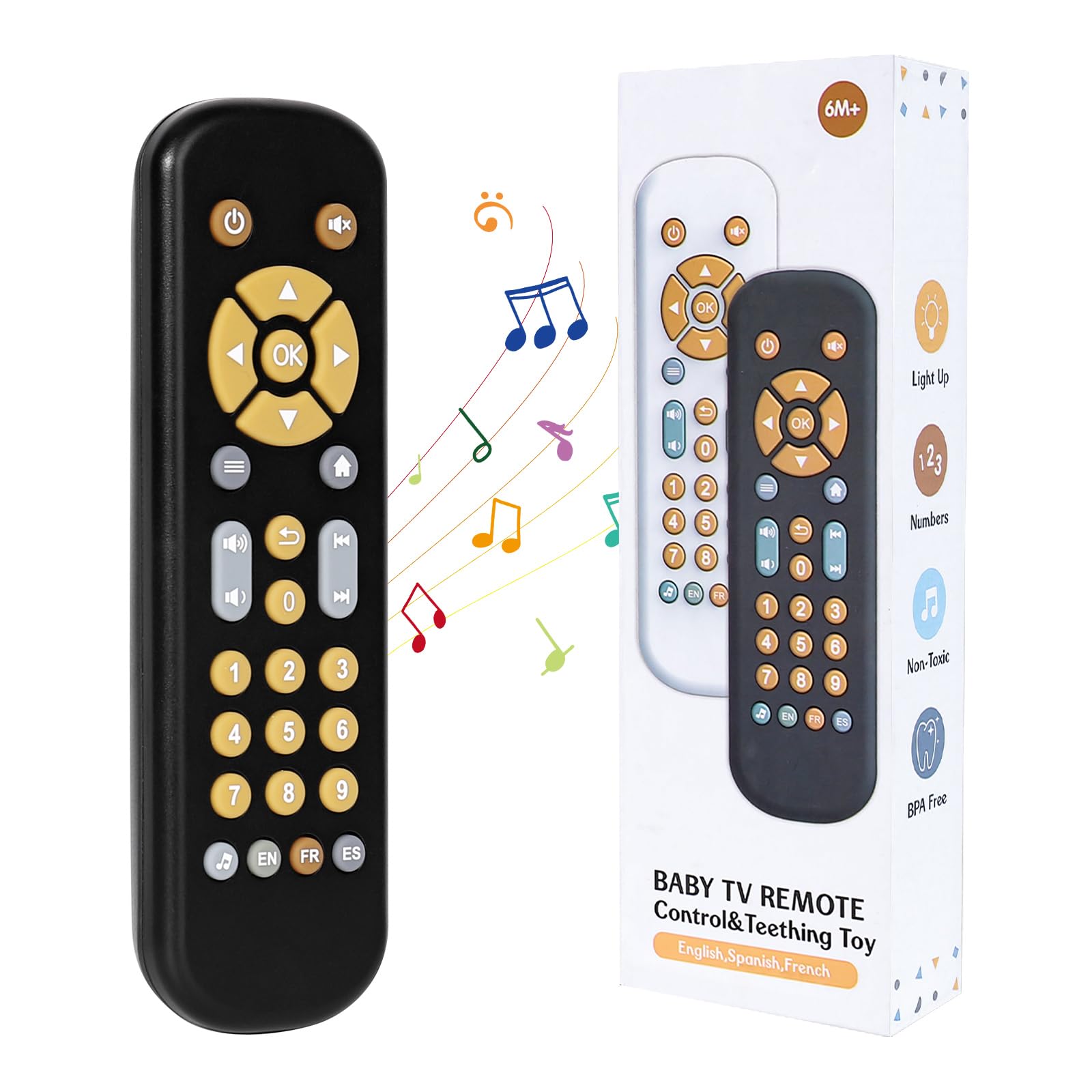Orzbow Baby Remote Control Toy, Adjustable Volume Baby Early Musical Learning Toys with Lights, Sensory Toys for Babies with Multi Shaped Buttons, Boys Girls Toys Gift for 1 2 Year Old, Black
