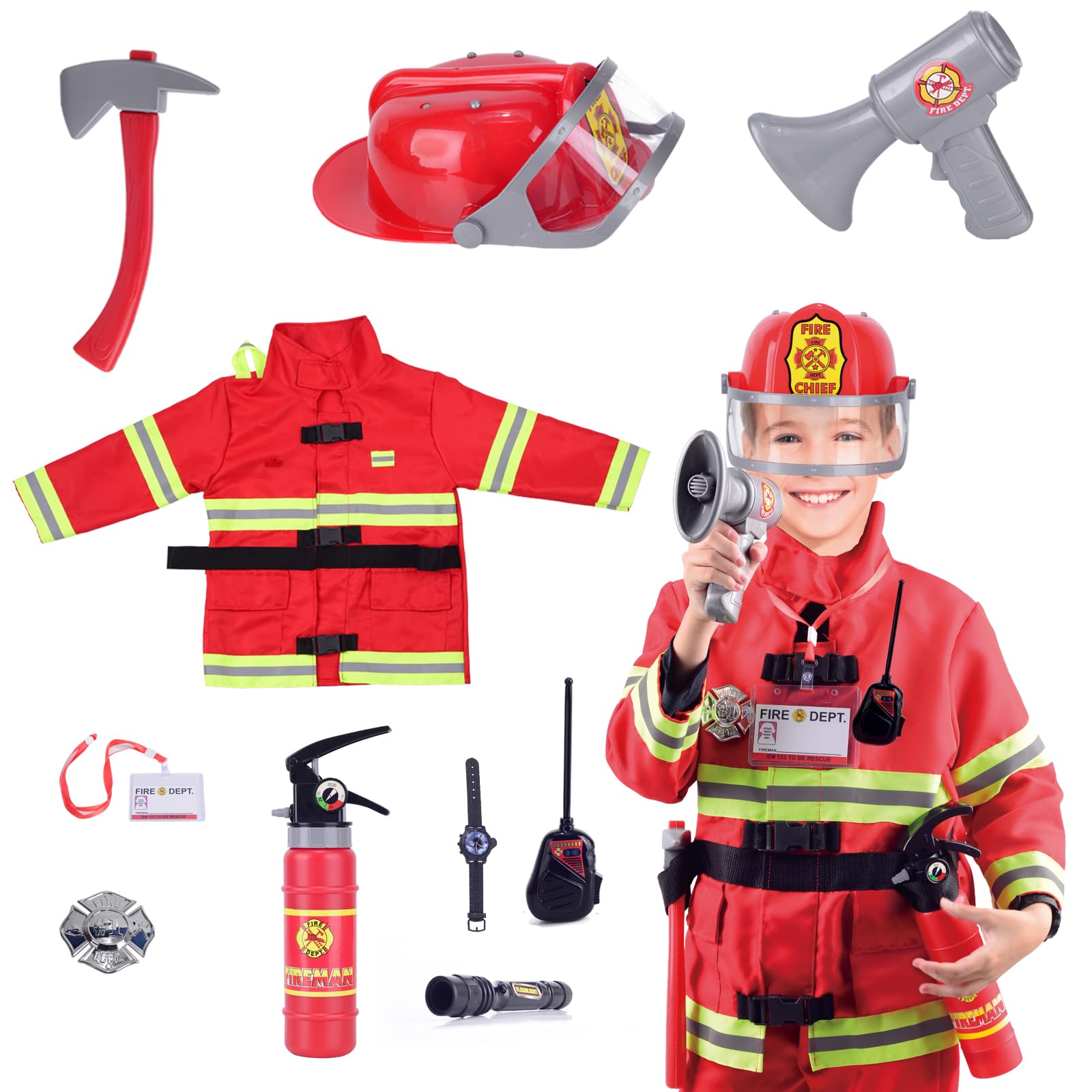 Lesheng space 10 piece Fireman Costume for Kids Firefighter pretend Role Play Dress-Up Kit for Children Fire Chief outfit with Accessories