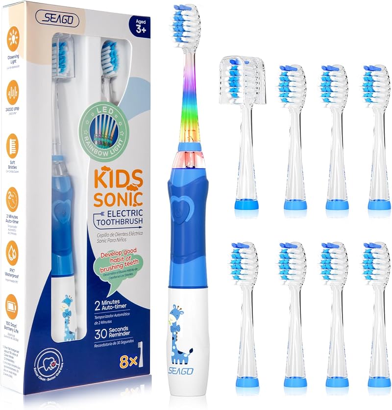 Seago SG-977 Kids Electric Toothbrush 3-12 Blue Giraffe 8 Heads 4 Modes