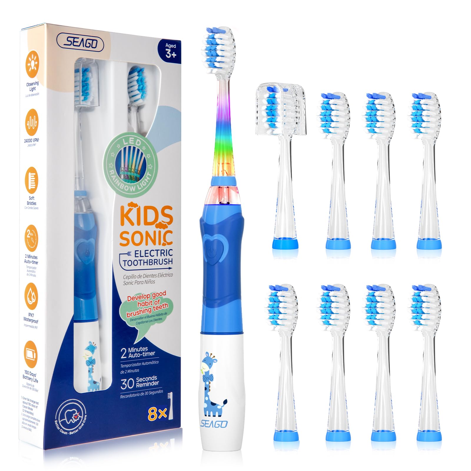 Seago Kids Electric Toothbrush 3-12, Childrens Battery Toothbrush with Colorful Lights, 2 Mins Timer, 8 Brush Heads, 4 Modes, for Junior, Boys and Girls, Giraffe Print, SG-977(Blue)