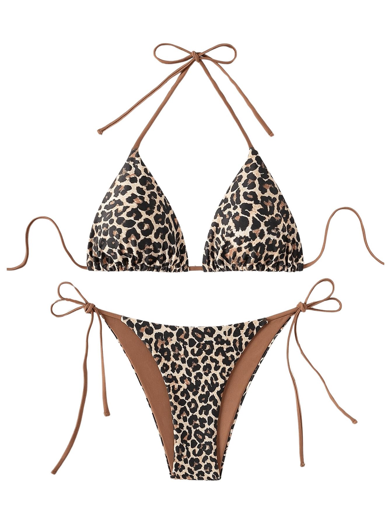 Photo 1 of SOLY HUX Women's Leopard Print Bikini Sets Halter Triangle Tie Side Two Piece Swimsuit Bathing Suits Multicoloured Leopard Small