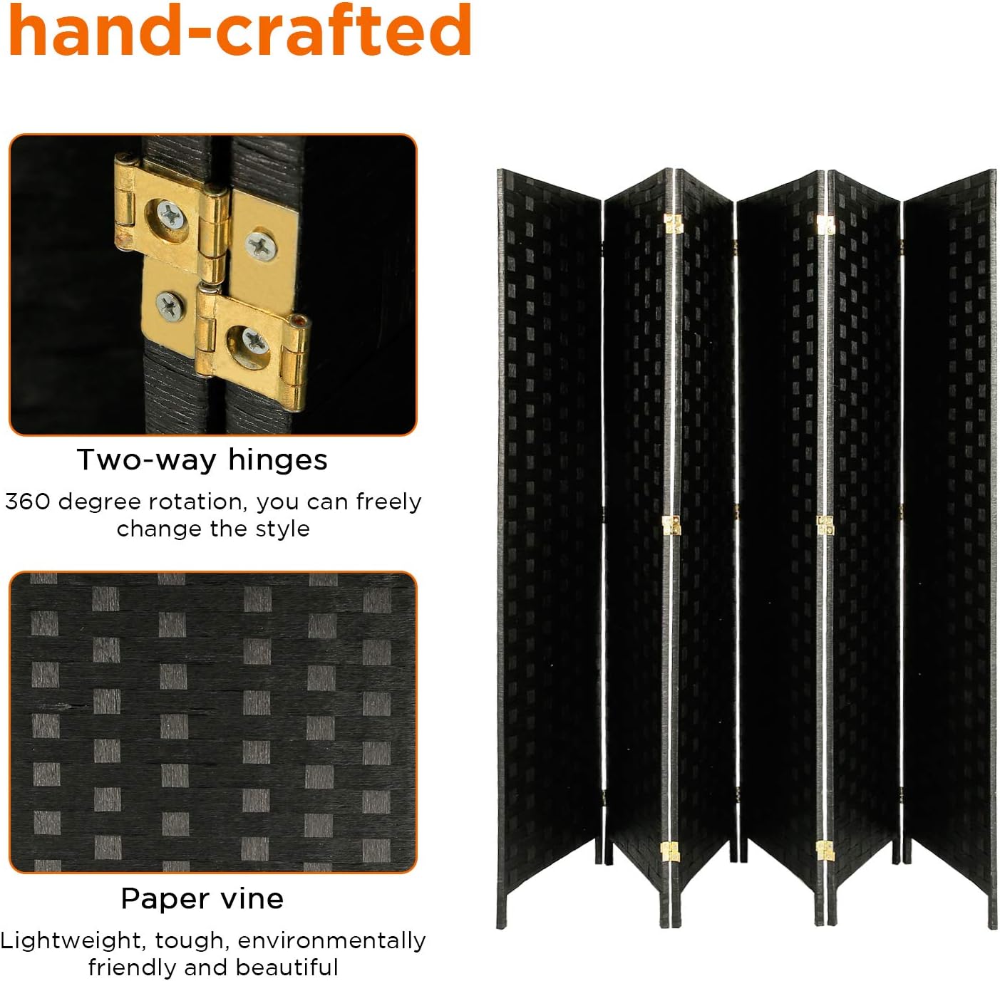 Aclumsy Room Divider 6ft Tall Paper Vine Square Room Divider .Double Hinged.Folding Privacy Screens with 6-Panel ，Black: Furniture & Decor