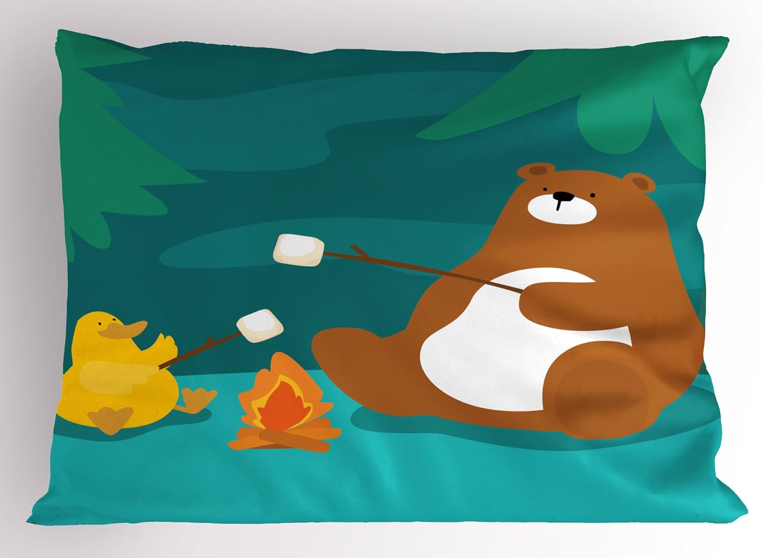 Amazon Com Lunarable Camping Pillow Sham Bear And Duck Roasting Marshmallow Forest Animals Funny Cartoon Characters Decorative Standard Size Printed Pillowcase 26 X 20 Multicolor Home Kitchen