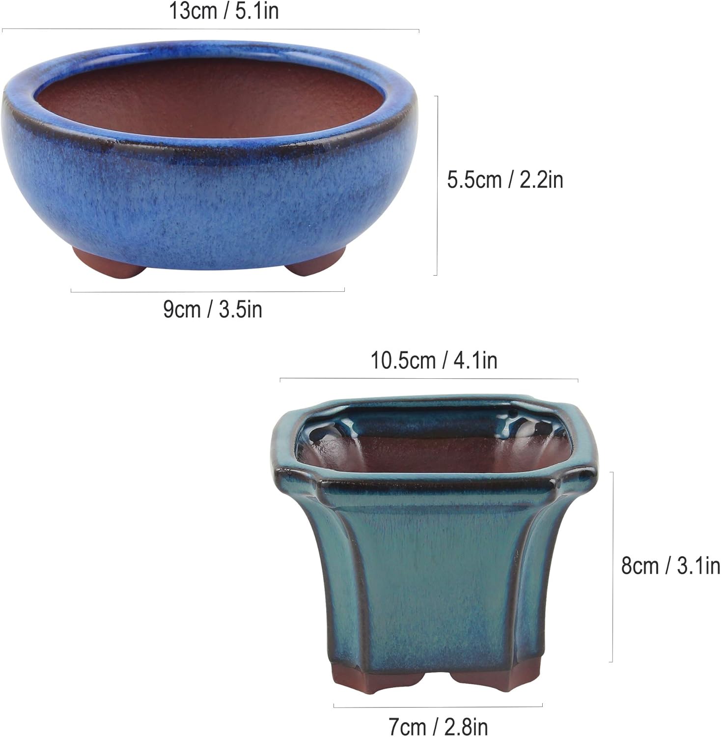 happy bonsai 4" Small Glazed Pots, Value Set of 2 + 4 Soft Mesh Drainage Screens, Blue - Image 4