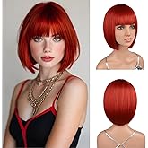 Bob Wig, Straight Short Bob Red Wig with Bangs, Synthetic Heat Resistant Fiber Red Wigs for Women Girls with Wig Cap, Colourful Hair Wigs with Adjustable Straps for Party Cosplay Daily Use, 12 Inch