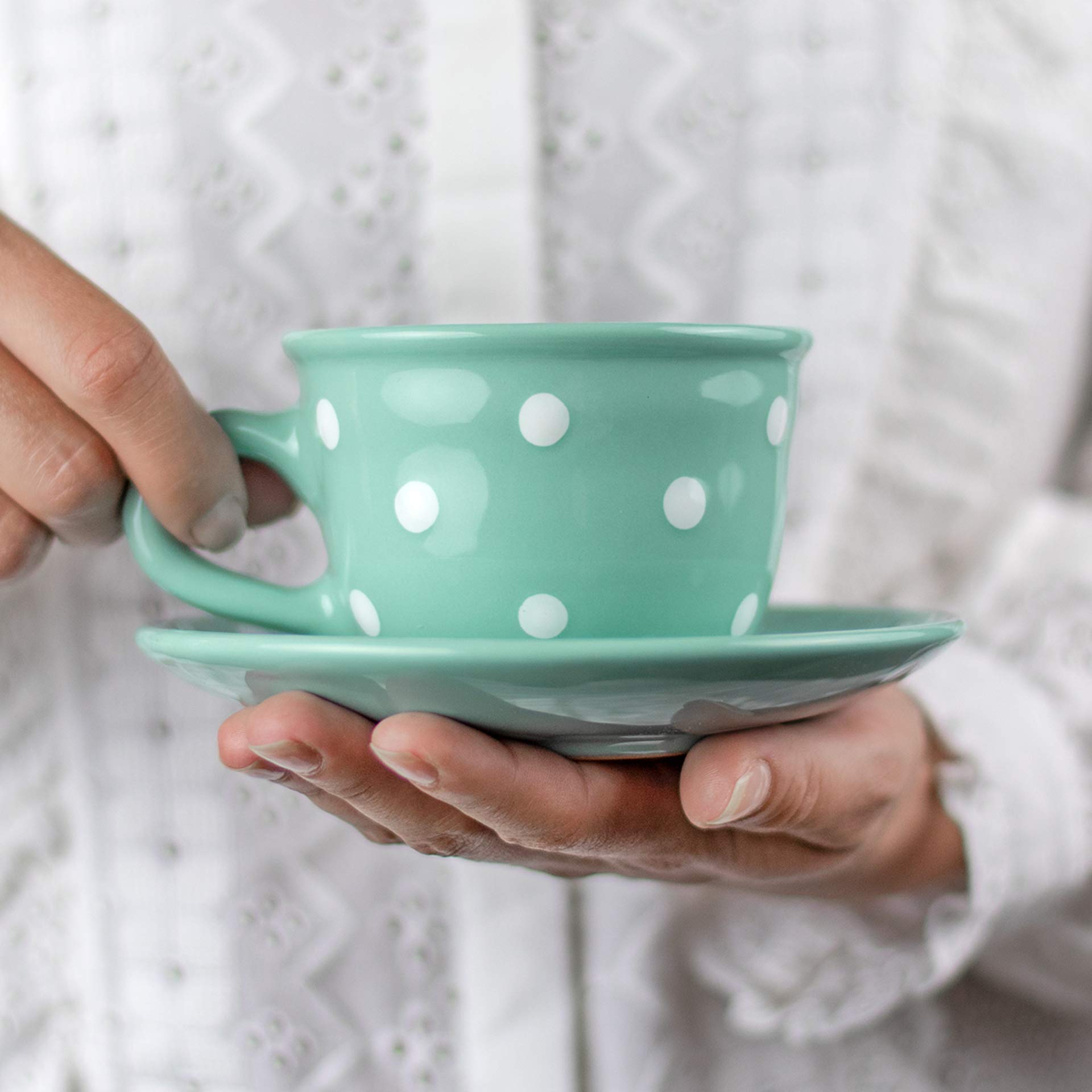 City to Cottage® Teal Blue and White | Polka Dot Spotty | Designer Handmade Hand Painted | Unique Ceramic 8.4oz/250ml | Cappuccino Coffee Tea Cup with Saucer | Gift