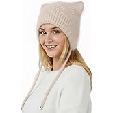 Women’s Warm Plush Rabbit Hair Hat Cat Beanie, Double-Layer Windproof Knit Hat Winter Thick Skull Cap with Cute 3D Cat Ears