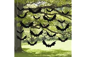HAWEIER (18 Pcs) Hanging Bats Halloween Decoration Outside, Large Flying Plastic Bats Outdoor Decor, 3 Different Sizes with Cute Eye Stickers for Hanging in The Tree, Porch, Yard, Lawn, Indoor