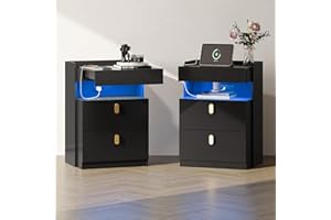 WLIVE LED Nighstand Set of 2 with Charging Station, Night Stands Sets with Sliding Top, Bedside Tables with Drawers, End Table for Bedroom, Living Room, Black