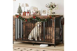 FURNPULSE XL Dog Crate Furniture 48'' | Extra Large Heavy Duty Anti-Chew Dog Kennel | Rustic Wooden Cage End Table with 350LB Top Capacity | Escape Proof Double Door Pet House TV Stand