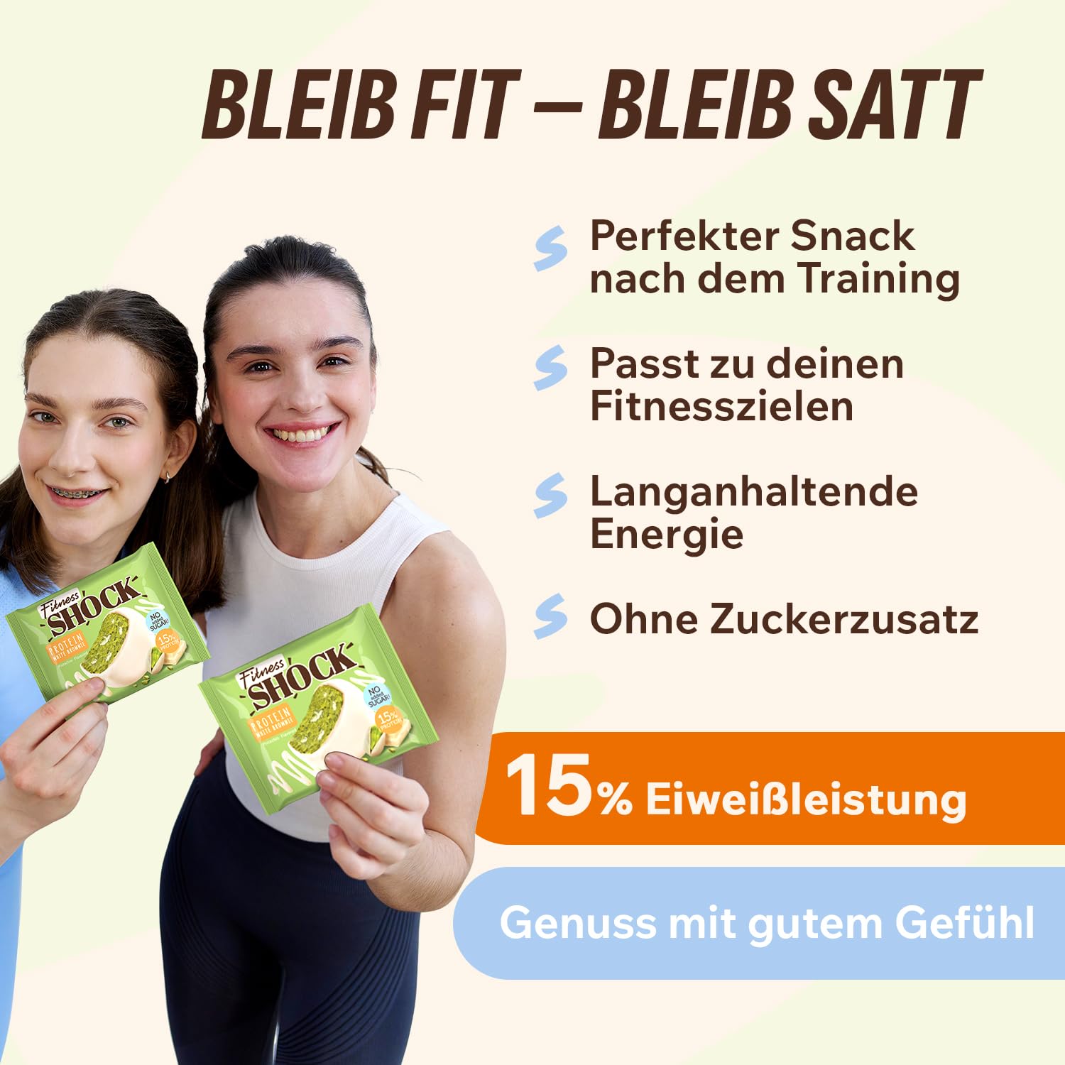 FitnesSHOCK Protein Brownie Snack ohne Zusatz von Zucker, Kekse mit 15% Eiweiß, Weiße Schokolade, sättigende Ballaststoffe, low carb, weiche Konsistenz, 10 Stück х 50g - Pistazien Geschmack 7
