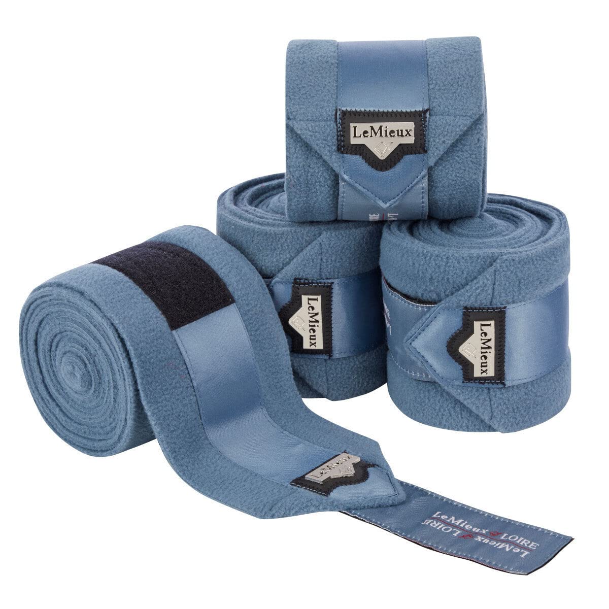 LeMieux Loire Polo Exercise Bandages in Ice Blue with Zipped Case, Satin End Detail - Soft Fleece Protection Wraps - Large Size - Pack of 4