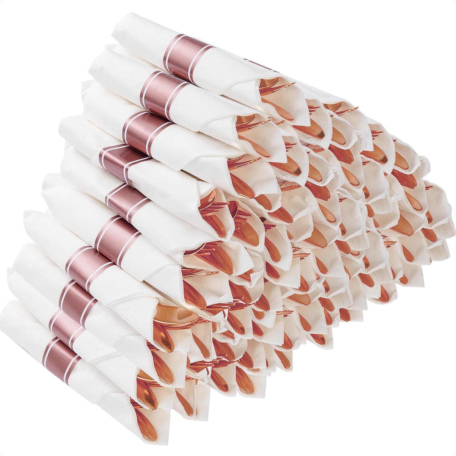 Photo 1 of Goodluck 50 Pack Pre Rolled Rose Gold Plastic Silverware, Wrapped Plastic Cutlery Set with Napkin Include 50 Forks, 50 Knives, 50 Spoons and 50 Napkins, Fancy Disposable Silverware for Party, Wedding