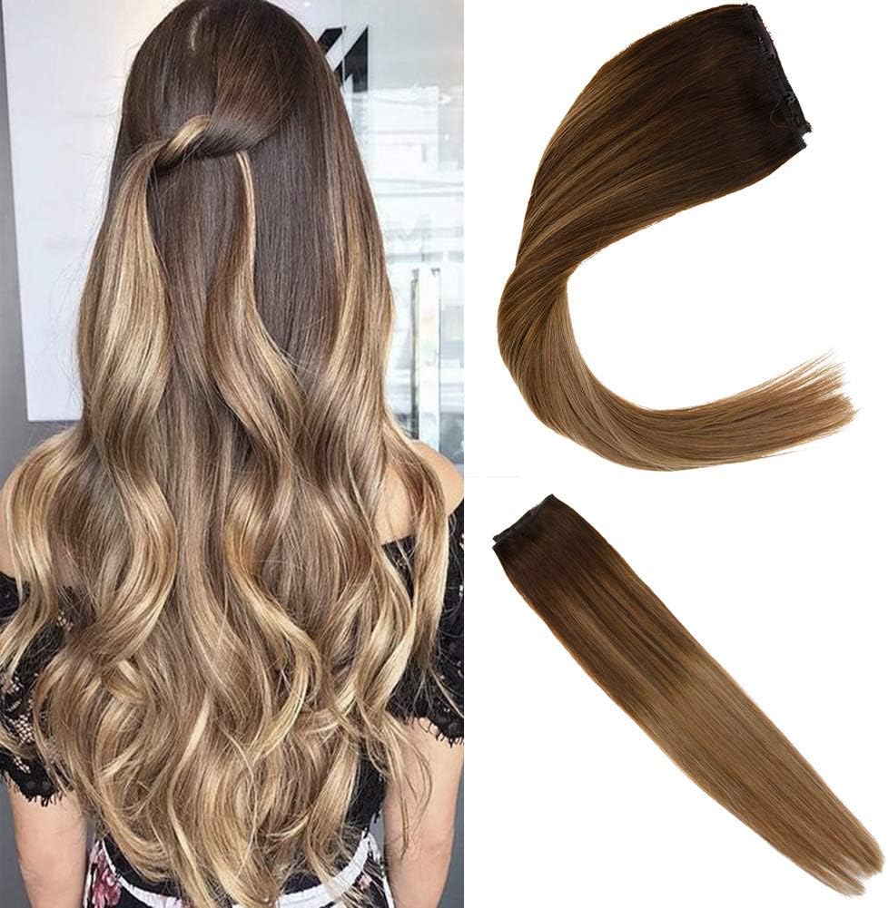 JoYoung Halo Extensions Remy Hair 16inch 80g Balayage Dark Brown to Golden Brown with Dark Ash Blonde Hidden Crown Hair Extensions Human Hair