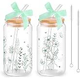 NatNarr 2 Pcs Cute Flower Coffee Cup With Lids and Straws Floral Glass Cups