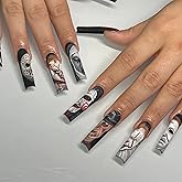 Halloween Press on Nails Long Square Fake Nails Eight Ghost Face Bleed Designs False Nails Full Cover Abstract Acrylic Nails Matte Extra Long Glue on Nails Halloween Stick on Nails for Women Girls