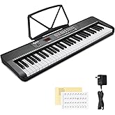 POGOLAB 61 Keys Compact Keyboard Piano, Multi-Function Electronic Piano with 255 Sounds, 255 Rhythms, 24 Demos, Includes Sheet Music Stand, Note Stickers & Power Supply, Gift for Beginners, Black