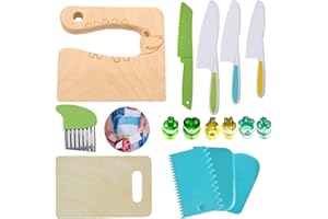 KOLODOGO 16 Pieces Wooden Kids Kitchen Knife Set,Kid Safe Knives Set Include Wood Kids Knife Potato Slicers Cooking Knives Children's Safe Knifes Cake Scraper Kids Cute Rectangle Cutting Board