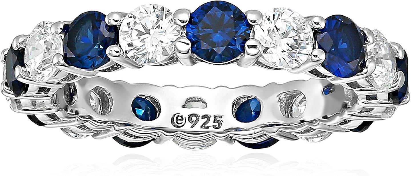 Platinum-Plated Sterling Silver Created Sapphire and Swarovski Zirconia All-Around Band Ring: Jewelry