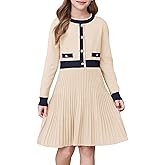 EDFTM Girl's Knit Casual Sweater Dresses Cable Ribbed Pleated Contrast A-Line Long Sleeve Crew Neck Knitted Midi Dresses