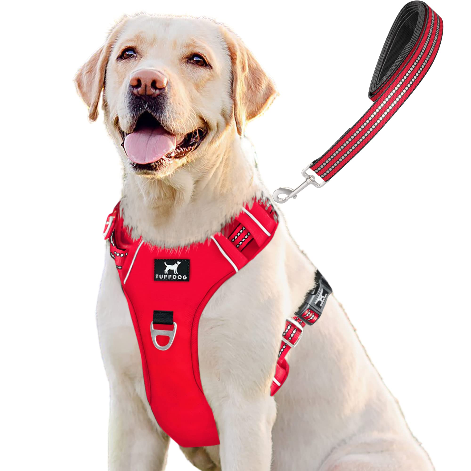 TUFFDOG Easy-Fit Dog Harness Large Dog - Fast Release Neck Clip, Premium Padded Reflective No Pull Harness, Adjustable Step-in Dog Vest Plus Free Matching Lead (L, Poppy Red)