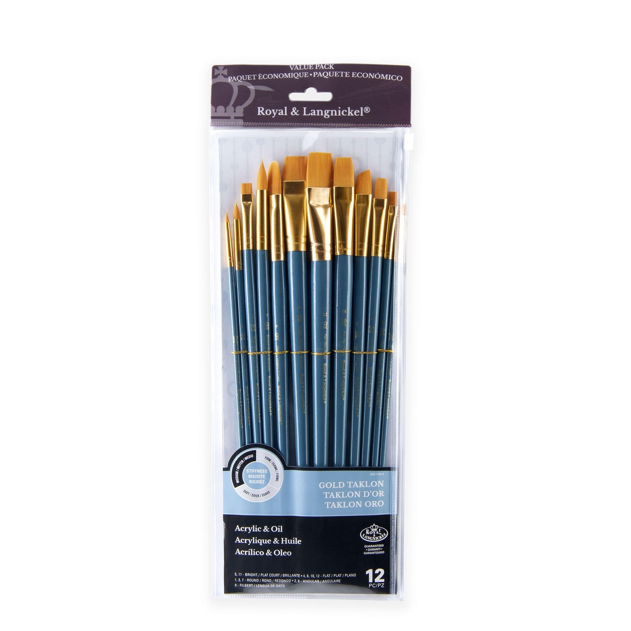 Royal and Langnickel RSET-9313 Long Handle Taklon Variety Brush Set - Medium Gold (Pack of 12)