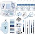 Colarr Mini Office Supply Kit Includes Stapler Tape Dispenser Staple Remover Paper Clips Scissor Staples Pen Sharpener Note Small Telescopic Knife for Office and School Clerk Student (Blue)