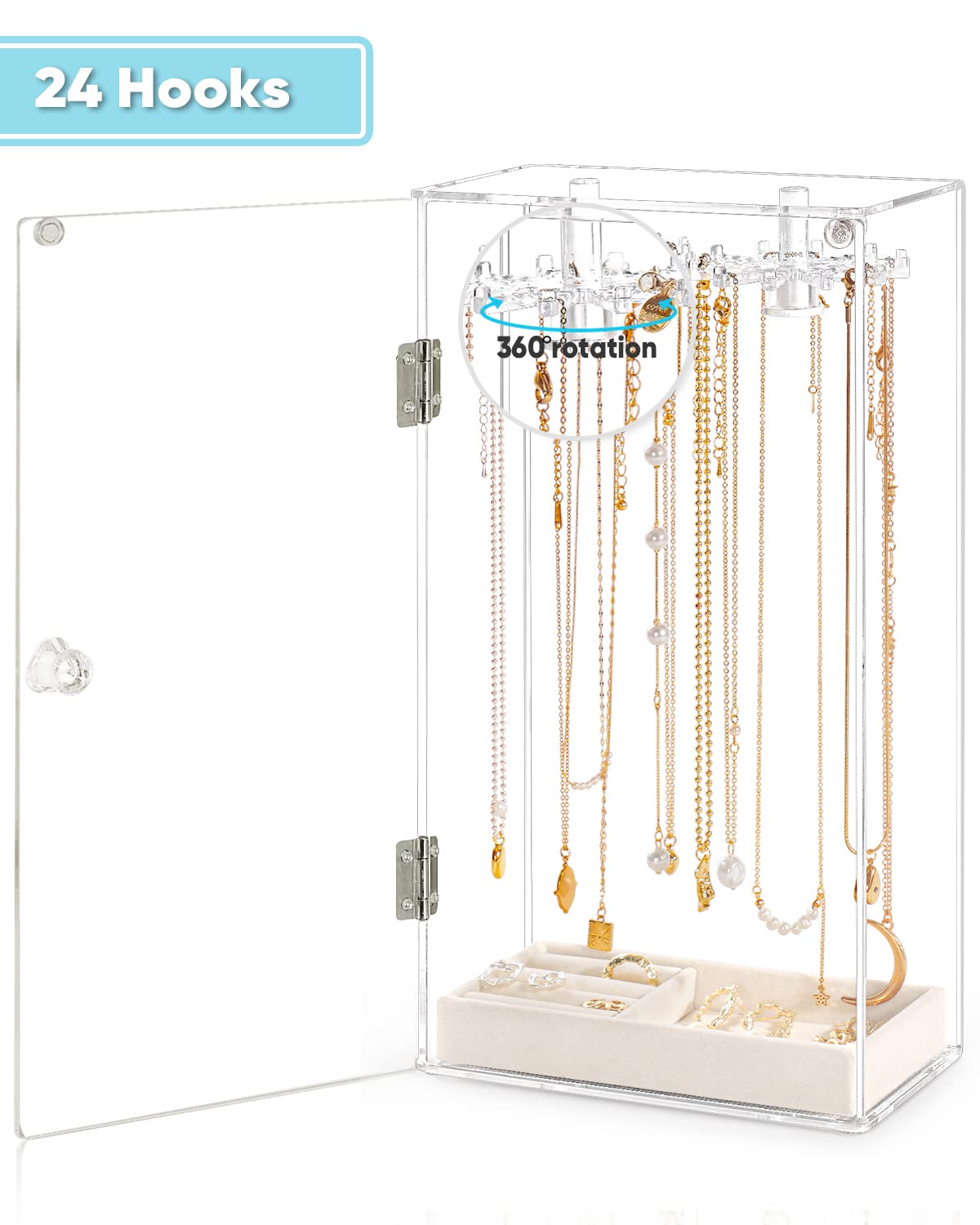 Necklace Holder, Acrylic Necklace Organizer, Rotatable Clear Jewelry Holder Organizer Display Case for Long Necklaces Pendant Bracelets, Jewelry Holder Box with Velvet Tray for Rings Earrings