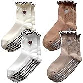ZFiSt Pilates Socks with Grips for Women,4Pairs Ruffle Yoga Sock Cute Cotton Grippy Socks for Barre Workout Non Slip 5-10in