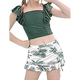 Jxstar Girls Swimsuit 2 Piece Flutter Sleeve Tankini Adjustable Straps Swimwear for Girl with Printed Swim Shorts
