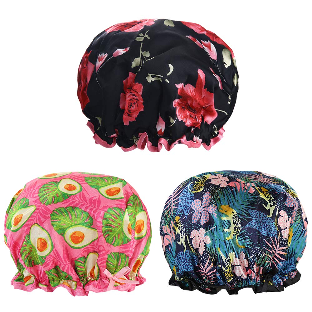 3PACK Shower Cap for Women, Reusable Bath Hair Cap with Waterproof Double Layers Design, Stylish Printed Shower Hat with Elastic Band, Suitable for Different Hair Lengths and Head Circumference : Beauty