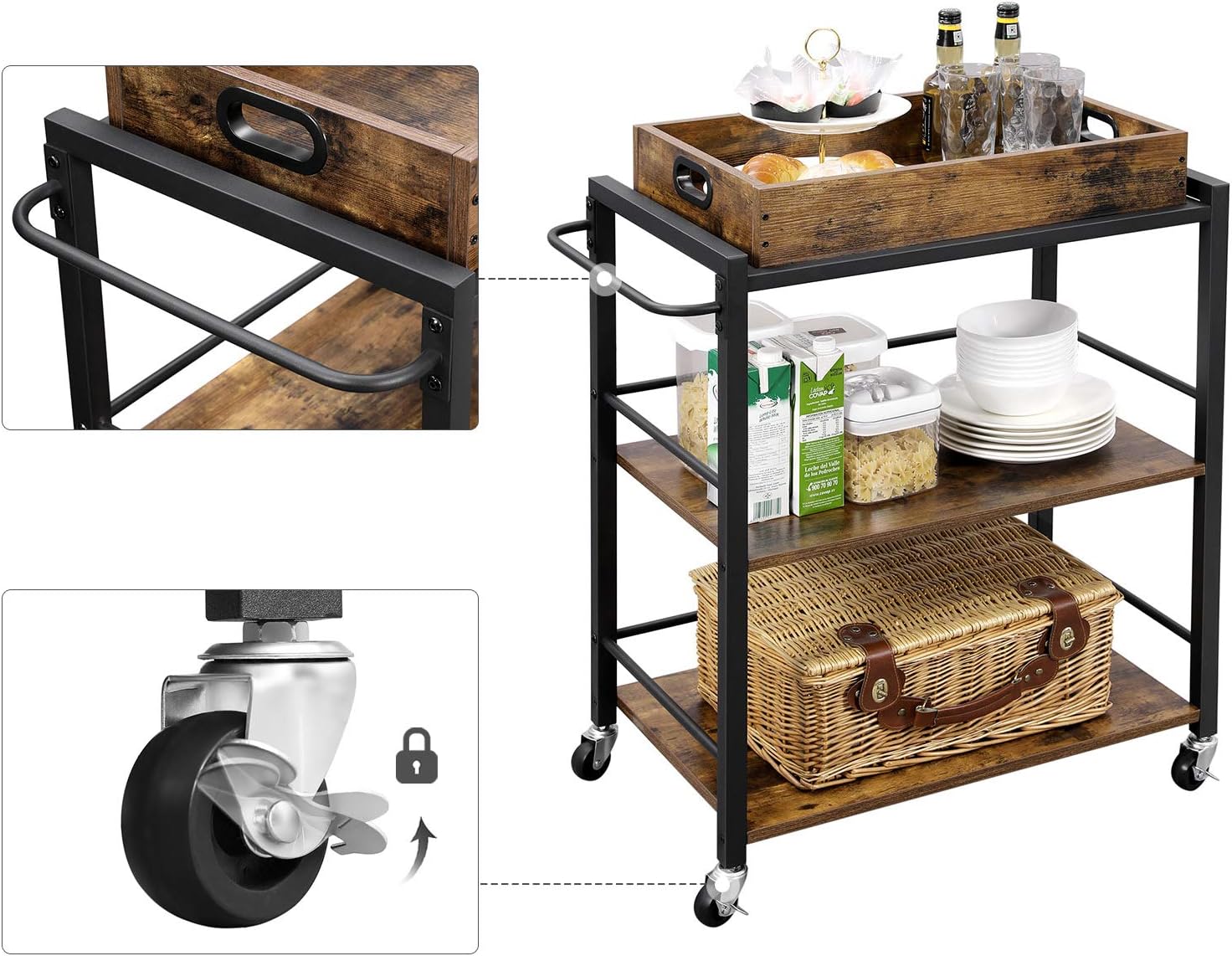 VASAGLE Bar Cart, Kitchen Serving Cart, Utility Cart with Wheels and Handle, Universal Casters with Brakes, Leveling Feet, Rusic Brown and Black ULRC72X: Furniture & Decor